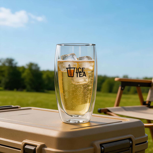 A double wall glass with ice tea and ice cubes, showcasing a clear design in a natural outdoor setting.