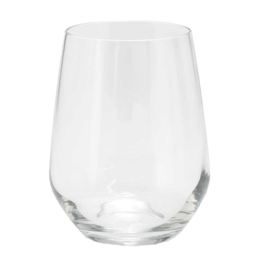 A stemless glass cup with a clear design, featuring a wide base and a tapered top. It has a subtle branding detail.