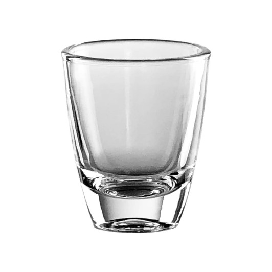 A clear glass shot glass with a solid base, showcasing a simple, elegant design. It features a small logo.