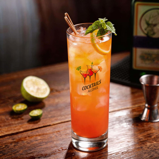 A glass tumbler filled with a colourful cocktail, garnished with mint and a lemon slice, on a wooden surface.