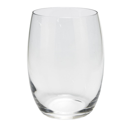 A clear glass wine glass with a smooth, rounded shape, featuring a thick base and no visible branding.