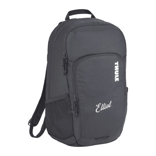 A grey laptop backpack with zippers, mesh side pocket, and a logo prominently displayed.