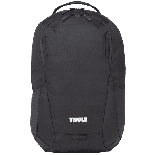 A black laptop backpack with a sleek design and featuring a logo on the front.