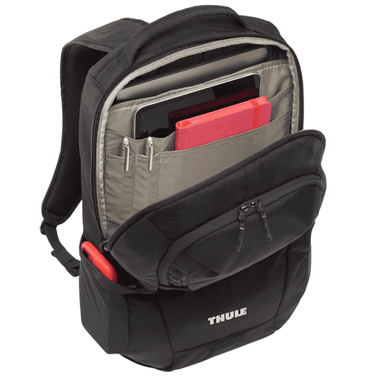 A black laptop backpack with multiple compartments, including space for a laptop, tablet, and accessories. Features a logo.