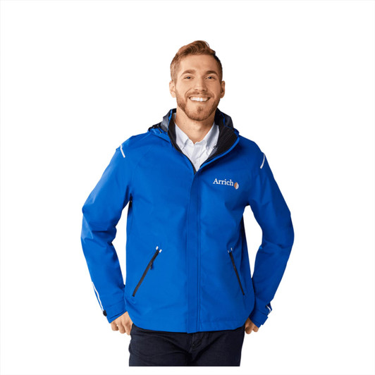 A blue softshell jacket for men with a hood, featuring side pockets and a logo on the chest.