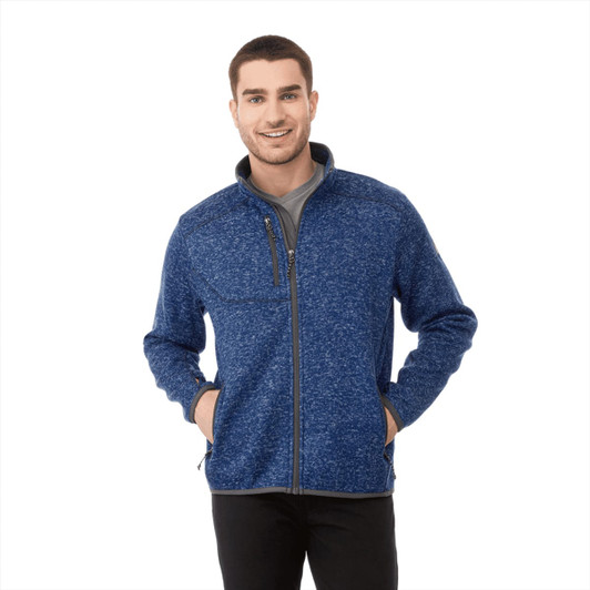 A blue knit jacket for men with a zip front and pockets, featuring a logo on the chest.