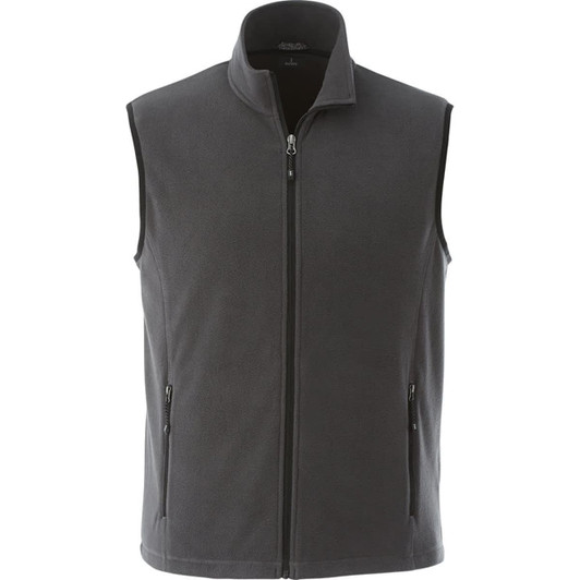 A grey fleece vest featuring a zip front and side pockets, designed for men. Includes a logo.