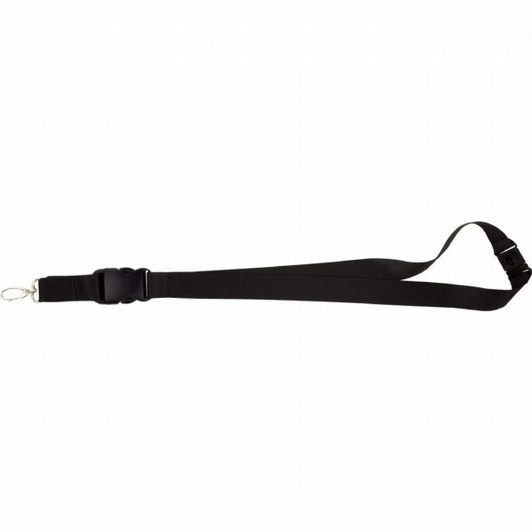 A black lanyard with a clip and adjustable buckle, designed for holding ID cards or other items.
