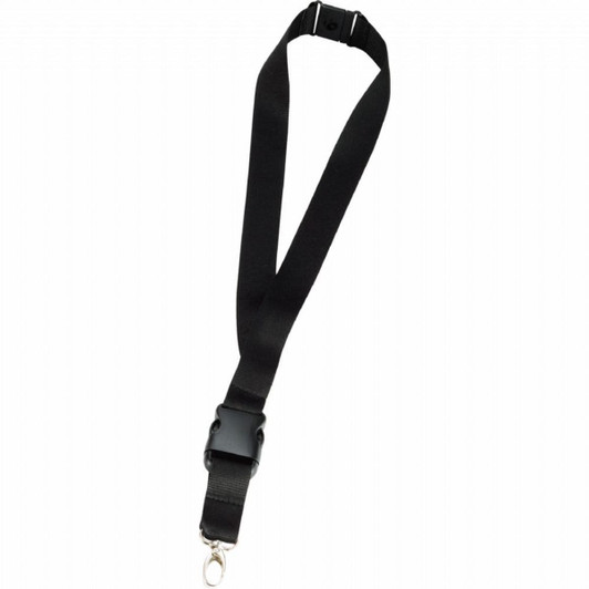 A black lanyard with a clip at the end and a plastic buckle in the middle. It includes a branding logo.