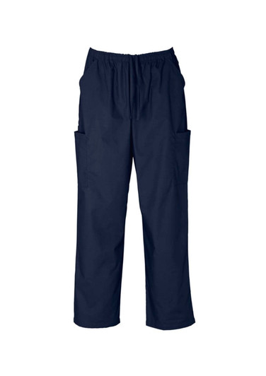 Unisex scrub cargo pants in navy, featuring an elastic waistband and multiple side pockets. Includes branding.