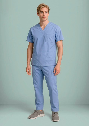 A model wearing light blue scrub cargo pants and a matching scrub top, featuring pockets and a logo.