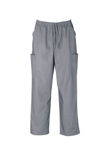Classic unisex scrub cargo pants in grey, featuring an elastic waistband and multiple side pockets.