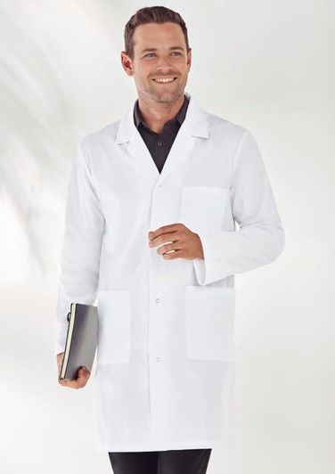 A unisex classic lab coat in white, featuring a button-up front and multiple pockets, worn by a smiling model holding a clipboard.