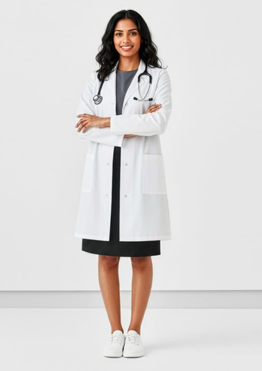 A unisex classic lab coat in white, worn by a person standing with arms crossed, featuring pockets and a stethoscope.