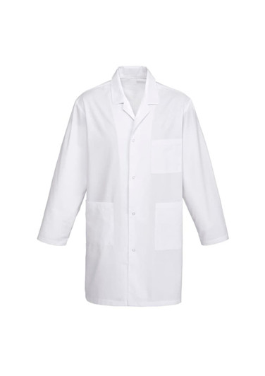 A white unisex classic lab coat with long sleeves and multiple pockets, featuring a logo.