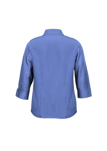 A 3/4 sleeve shirt in a solid blue hue, featuring a collar and a simple design. It has a logo on the back.
