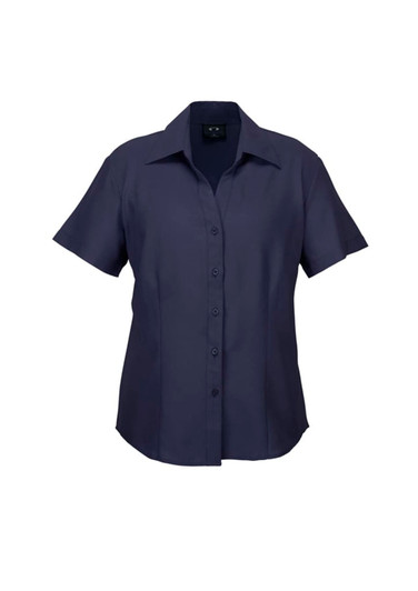 A navy short sleeve button-up shirt with a collar and a front button placket, featuring a logo.