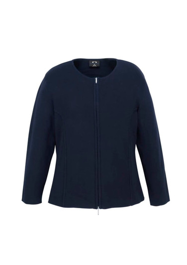 A navy women's 2-way zip cardigan featuring a round neckline and long sleeves, with a branding logo.