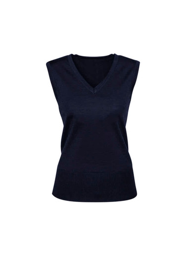 A navy women's vest with a V-neck and sleeveless design, featuring a fitted ribbed hem and a logo.