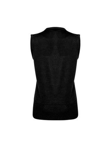 A black sleeveless vest with a textured finish, featuring a simple design and a logo.