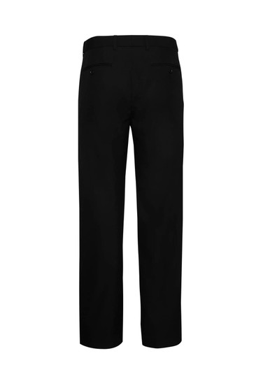 Black adjustable waist pants featuring a straight leg design and rear pockets, with a logo on the waistband.