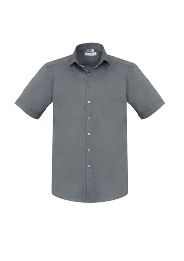 A grey short sleeve button-up shirt with a pocket and a logo on the label.