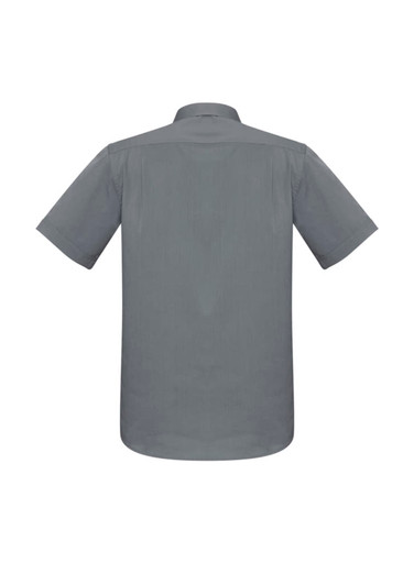 A grey short sleeve button-up shirt featuring a back view with a simple design and a logo.