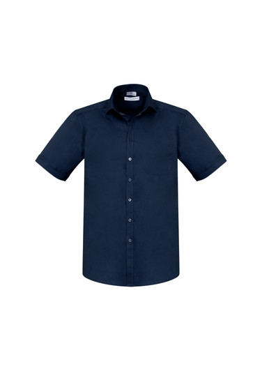 A navy short sleeve button-up shirt featuring a collar and a chest pocket, with a logo on the tag.