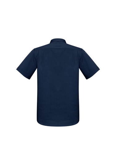 A navy blue short sleeve button-up shirt featuring a back view and a logo on the collar.