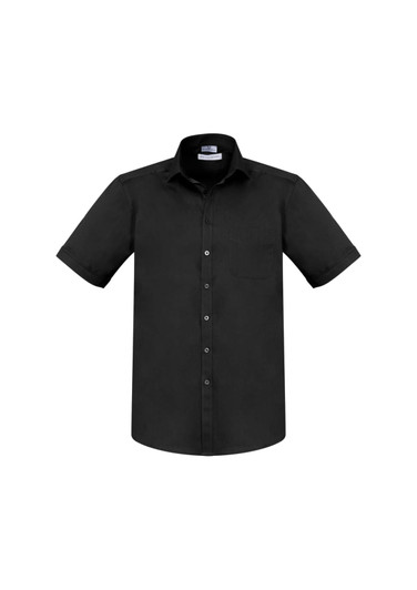 A short sleeve black button-up shirt with a front pocket and a branded label on the collar.