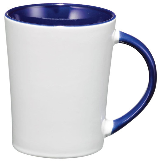 A ceramic mug with a white exterior and a navy blue interior and handle, featuring a logo.