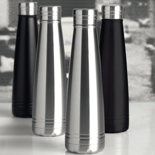 A drink bottle set featuring four vacuum insulated bottles in silver, black, and brushed stainless steel, with a logo.