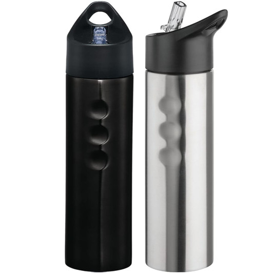 A drink bottle set featuring one black stainless steel bottle and one silver stainless steel bottle, each with a spout and logo.
