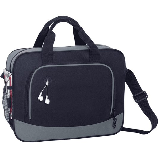 A black and grey laptop briefcase featuring handles, a shoulder strap, and a side pocket with earphones.