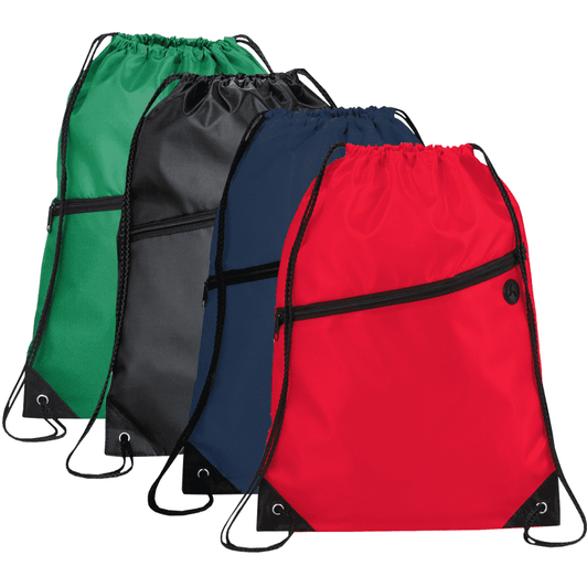 A set of four Robin drawstring bags in green, black, navy, and red, each featuring a front zip pocket and branding.