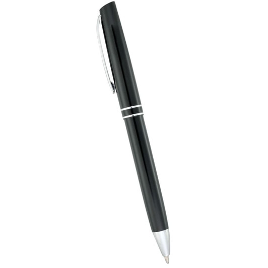 A sleek black metal ballpoint pen with silver accents and a clip, featuring a logo on its surface.
