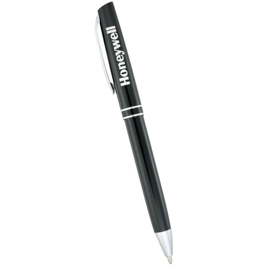 A black metal ballpoint pen with silver accents and a logo on the side.