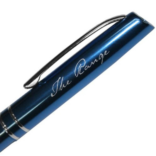 A blue metal ballpoint pen with a silver clip and a branding logo engraved on the barrel.