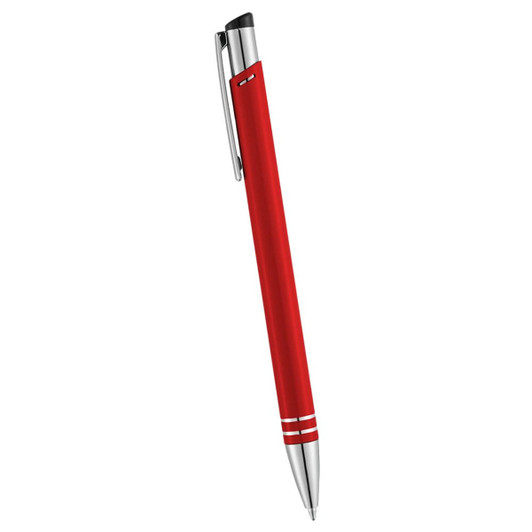 A red metal ballpoint pen with chrome accents and a clip. The pen features two white stripes near the tip.
