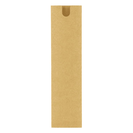 A brown cardboard packaging sleeve with a cut-out at the top, designed to hold a pen or similar item.
