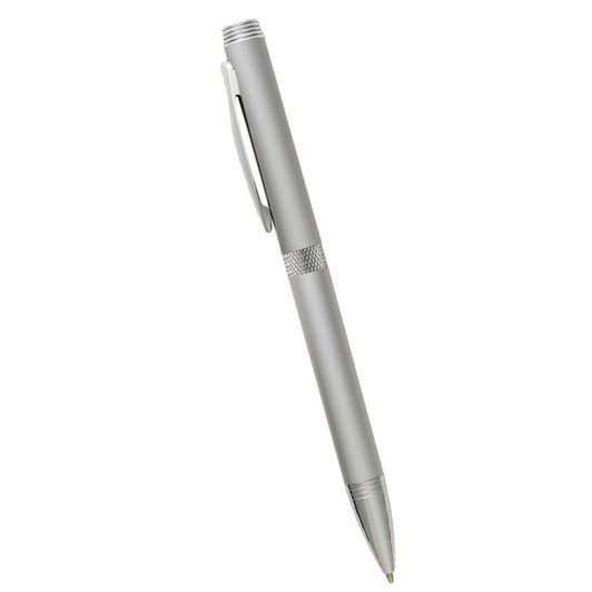 A silver metal ballpoint pen with a twist action mechanism and a textured grip, featuring a clip and branding.