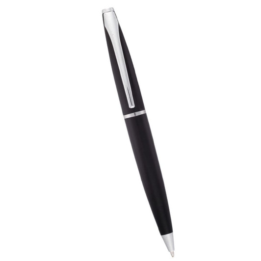 A black twist action pen with a metal clip and a sleek design, featuring a silver accent.