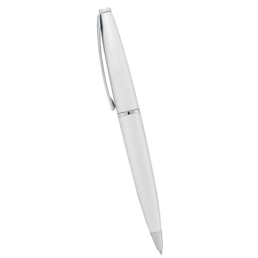 A metal twist action pen in white with chrome accents, featuring a clip and a logo.