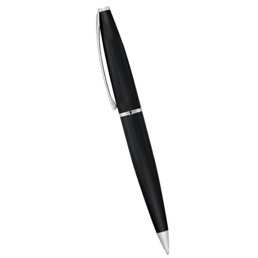 A black metal twist action pen with a silver clip and accent. It includes a branding logo.