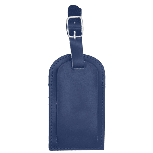 A navy blue luggage tag with a leather finish and a buckle strap for attachment. It features a logo.