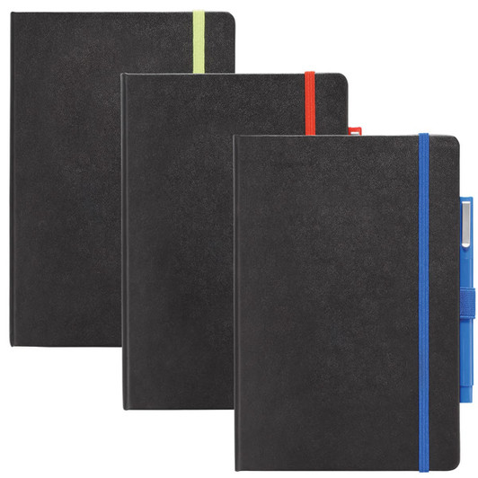A bound journal book in black with coloured elastic bands in green, red, and blue. It features a logo on the front.