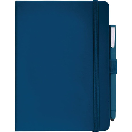 A hard-bound journal in navy blue with an elastic closure and attached pen holder. Features a logo on the cover.