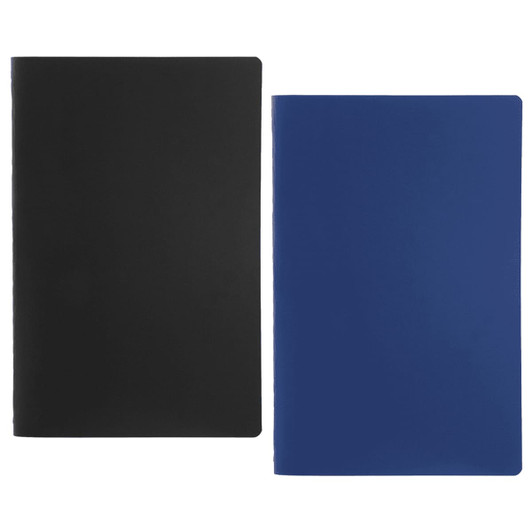 A solid saddlestitch bound journal book in black and blue colours, featuring a branding logo.