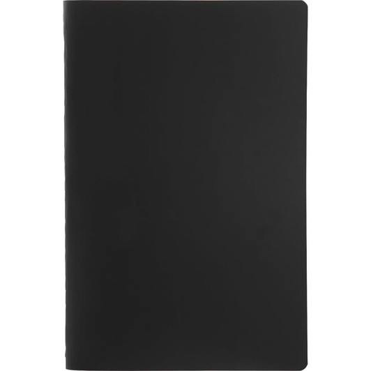 A black bound journal with a solid saddlestitch design, featuring a logo on the cover.