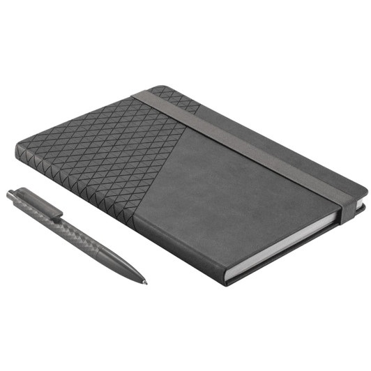 A grey notebook with a textured cover and an elastic band, accompanied by a matching pen.